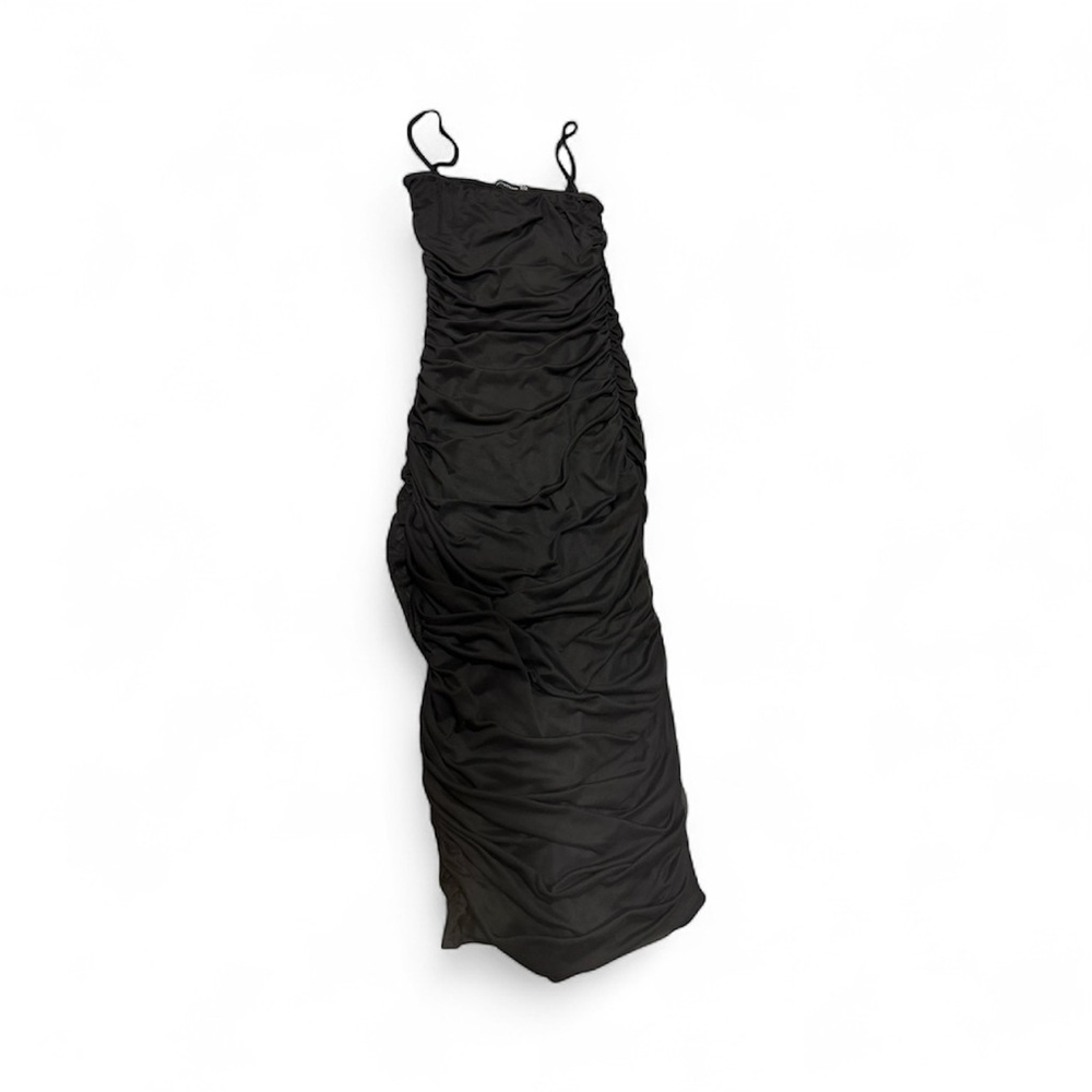 Pretty Little Thing Mesh Rushed Black Strappy Midi Dress
